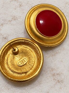 1980s Ginnie Johansen Designs GJD Heavy Red Enamel Button Stud Earrings